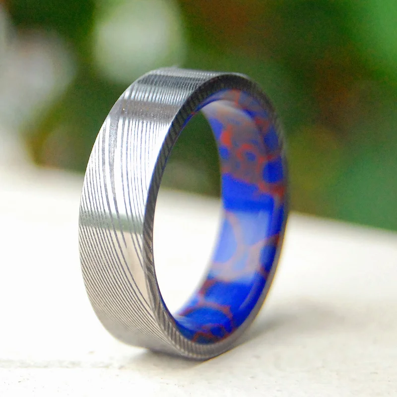 Passionate Vortex | Men's Damascus Steel, Damasteel, Blue Jasper Stone & Titanium Wedding Ring