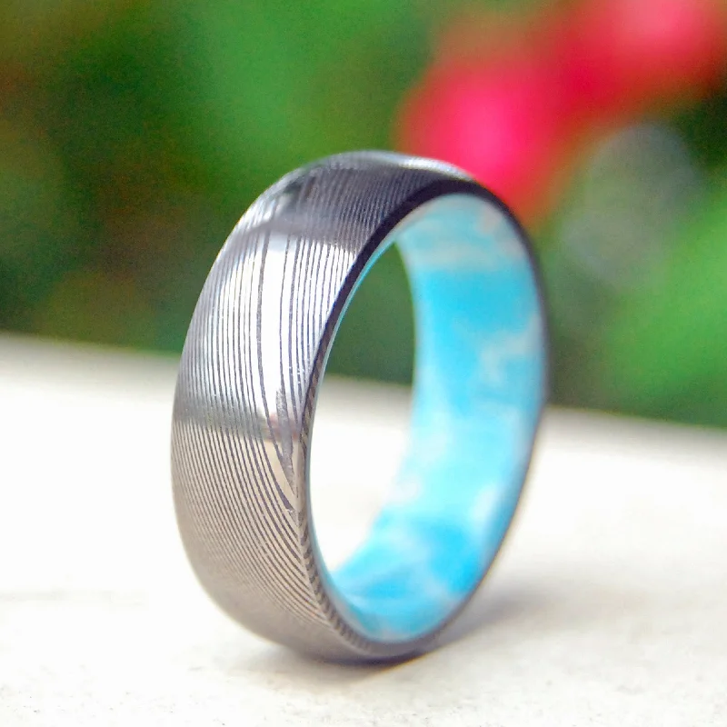 Sunny Day | Men's Damascus Steel, Damasteel & Larimar Stone Wedding Ring