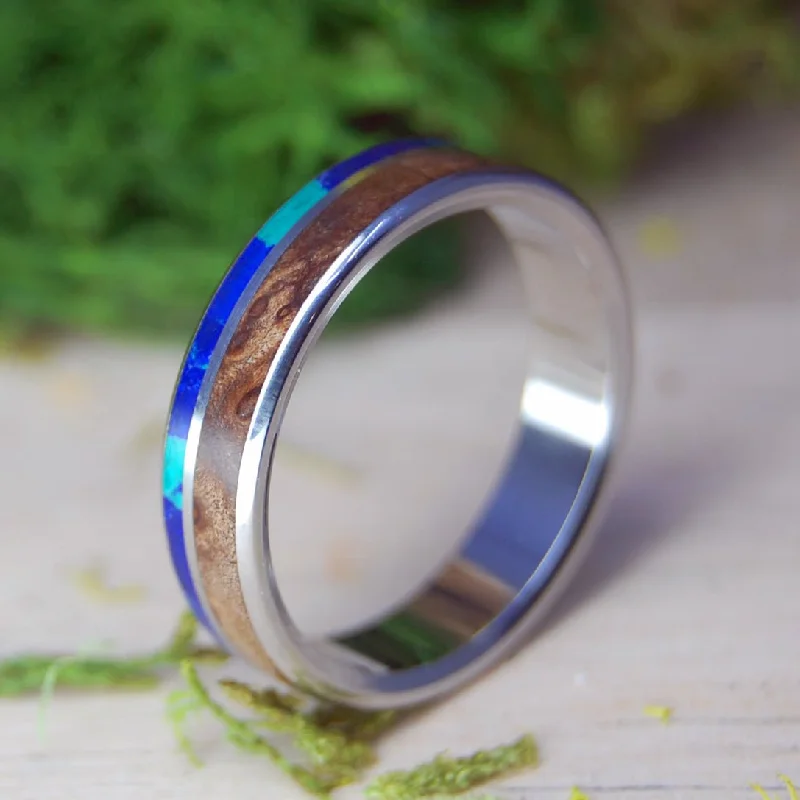 Dark Maple Galaxy Offset | Men's Dark Maple Wood, Azurite Malachite Stone & Inox Steel Wedding Ring