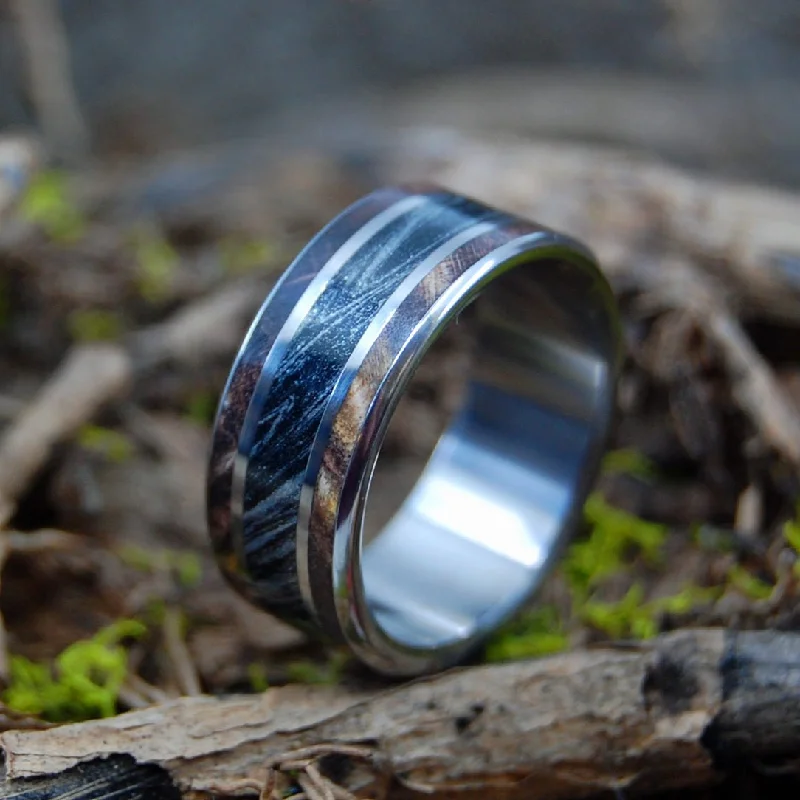 Maple Silver Lining | Men's Dark Maple Wood, Black Silver M3 Mokume Gane & Titanium Wedding Ring