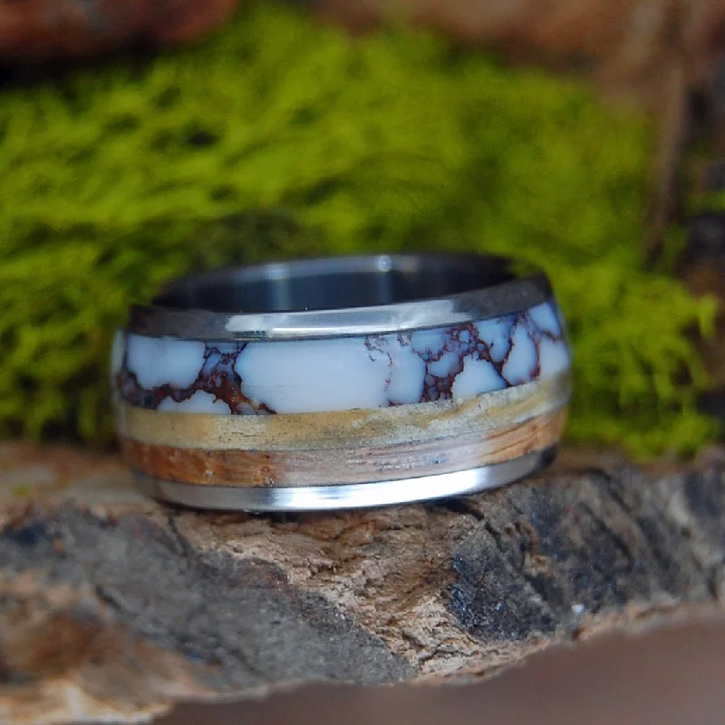 Drunk On A Wild Horse | Men's Whiskey Barrel Wood, Wild Horse Jasper Stone & Titanium Wedding Ring