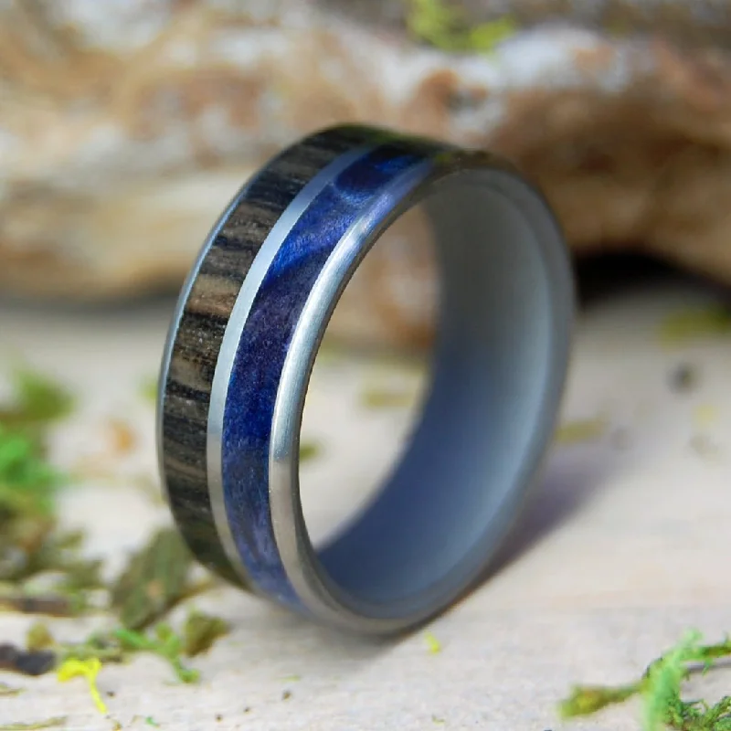 Equal Scottish Highlands | Men's Scottish Bog Oak, Blue Box Elder Wood & Titanium Wedding Ring