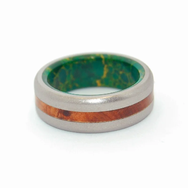 Evolve | Men's Egyptian Jade Stone, Thuya Burl Wood & Titanium Wedding Ring