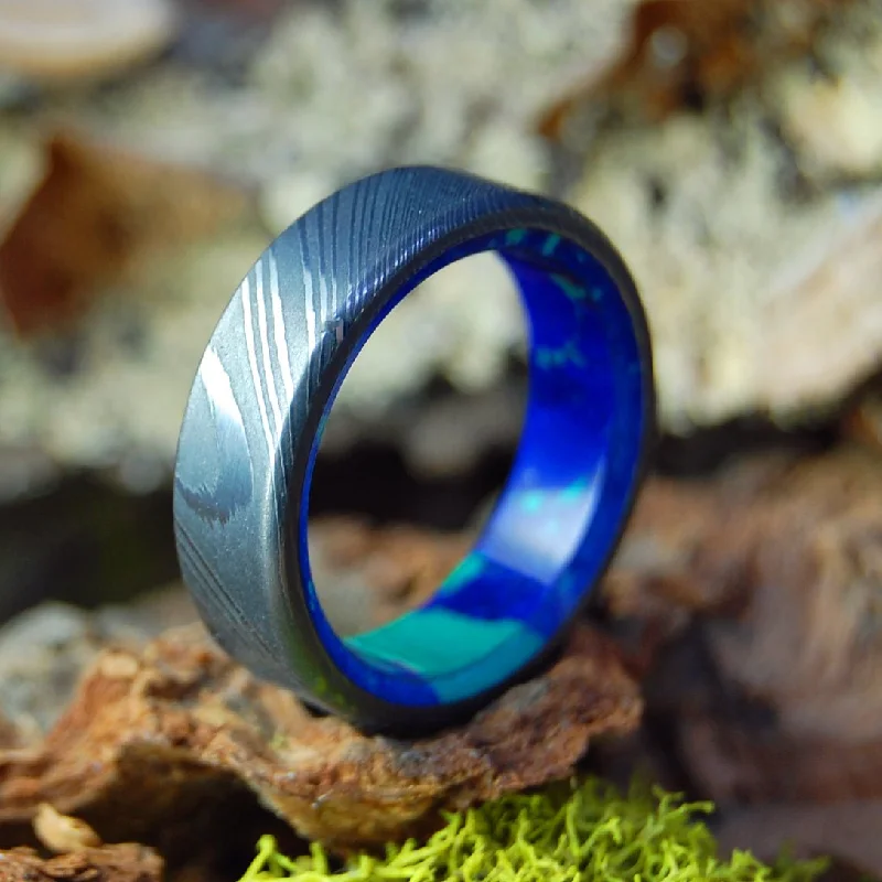 Galaxy Below | Men's Damascus Damasteel, Azurite Malachite Stone & Titanium Wedding Ring