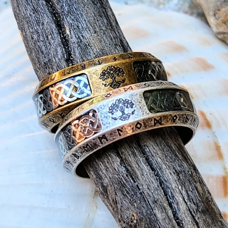 VINTAGE BRONZE OR SILVER TREE OF LIFE RUNES - WATERPROOF RINGS