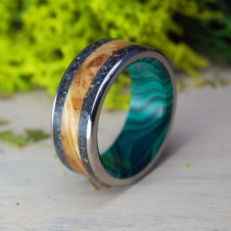 Golden Iceland | Men's Lava, Malachite Stone, & Golden Box Elder Wedding Ring