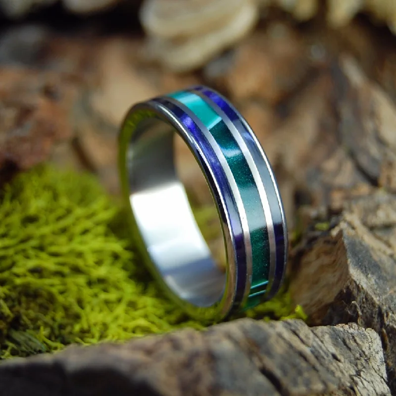 Green Shadows | Men's Aquatic Green Resin, Purple Marbled Opalescent & Titanium Wedding Ring