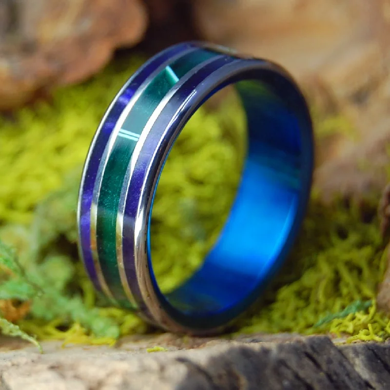 Green Shadows With Blue | Men's Aquatic Green Resin, Purple Marbled Opalescent & Titanium Wedding Ring