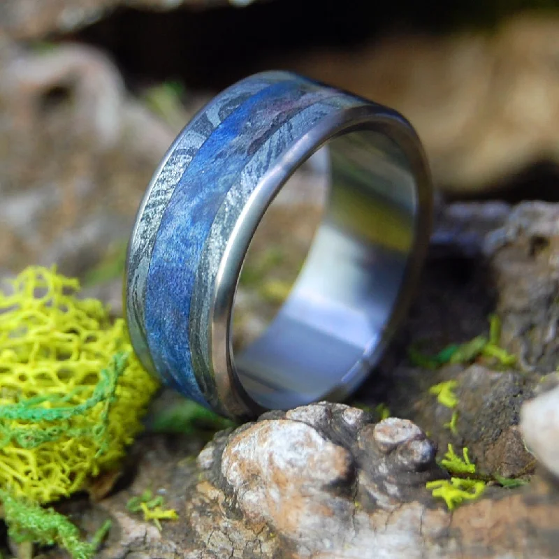 I Desire You | Men's Blue Box Elder, Black Silver Mokume Gane & Titanium Wedding Ring