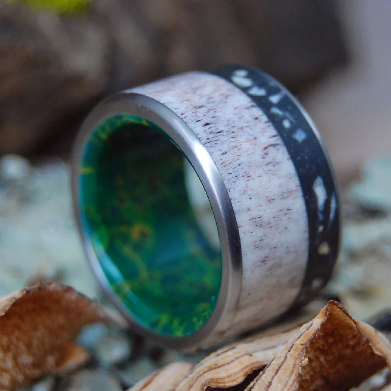 Long Island Moose | Men's Long Island NY Beach Sand, Moose Antler, Egyptian Jade & Titanium Wedding Ring