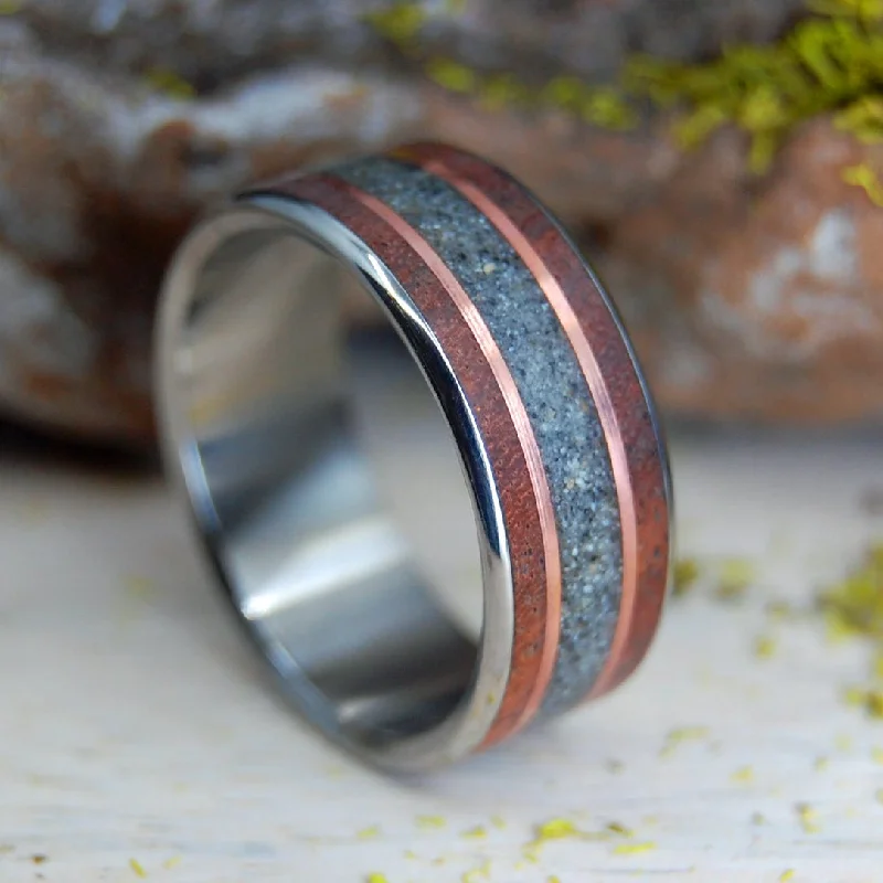 Meet Me At Delmar Beach | Men's Amboyna Burl, Beach Sand & Titanium Wedding Ring