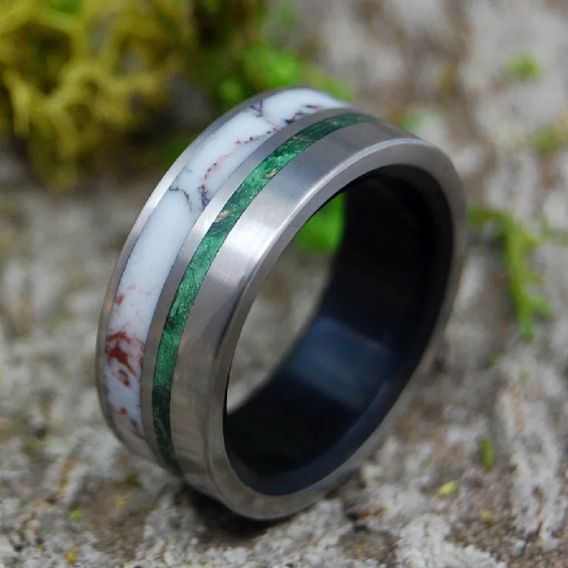 Pinnacle | Men's Wild Horse Jasper Stone, Green Box Elder Wood, Black Onyx Stone & Titanium Wedding Ring