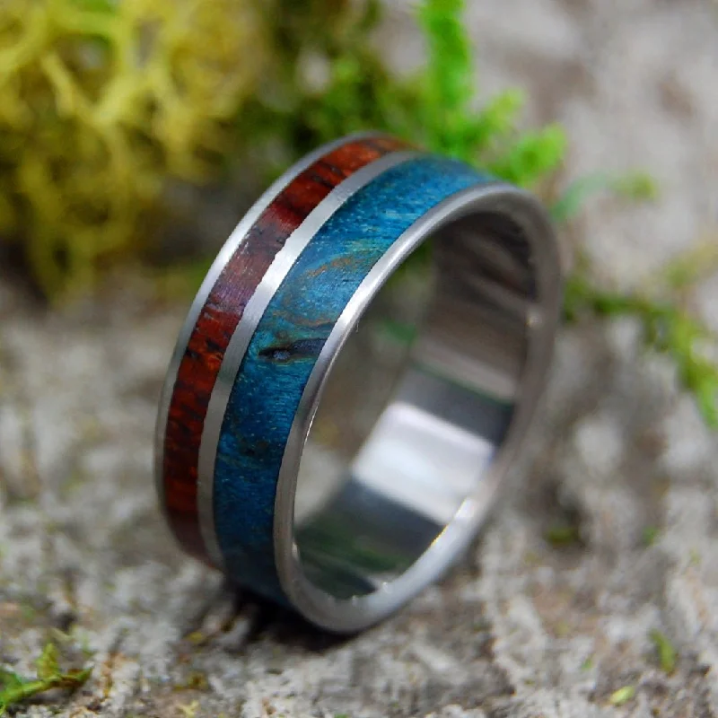 Her Heart Listens | Men's Blue Maple Burl, Cocobolo Wood & Titanium Wedding Ring