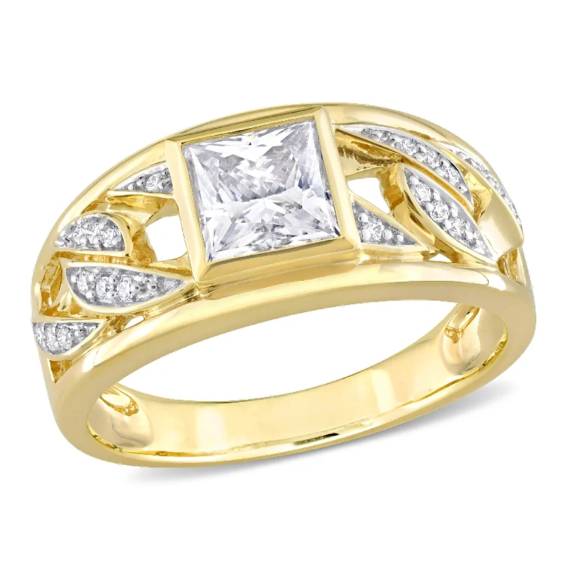 Miadora 1 1/3 CT TW Moissanite Mens Ring with Link Design in 10k Yellow Gold