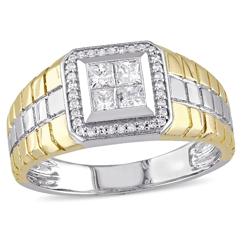 Miadora 1/2ct TDW Princess Cut Quad and Round Diamond Mens Ring in Two-Tone 10k Gold