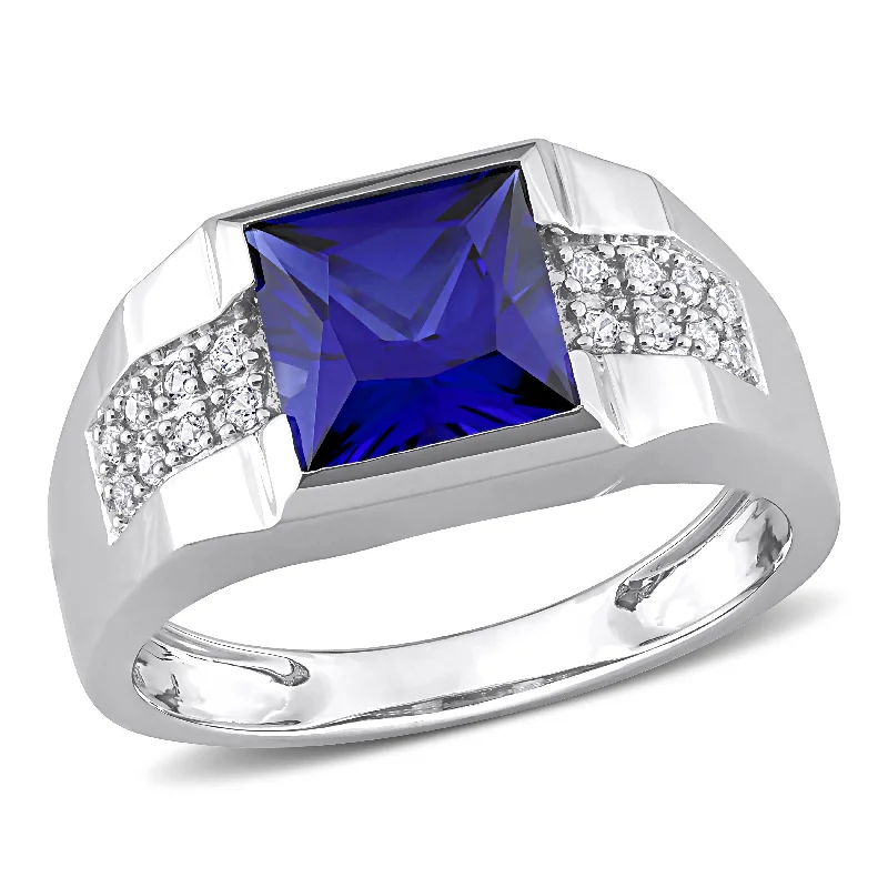 Miadora 3 1/4 CT TGW Created Blue and White Sapphire Mens Ring in 10k White Gold