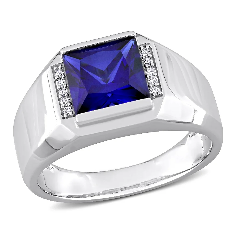 Miadora 3 CT TGW Created Sapphire and Diamond Accent Mens Ring in 10k White Gold