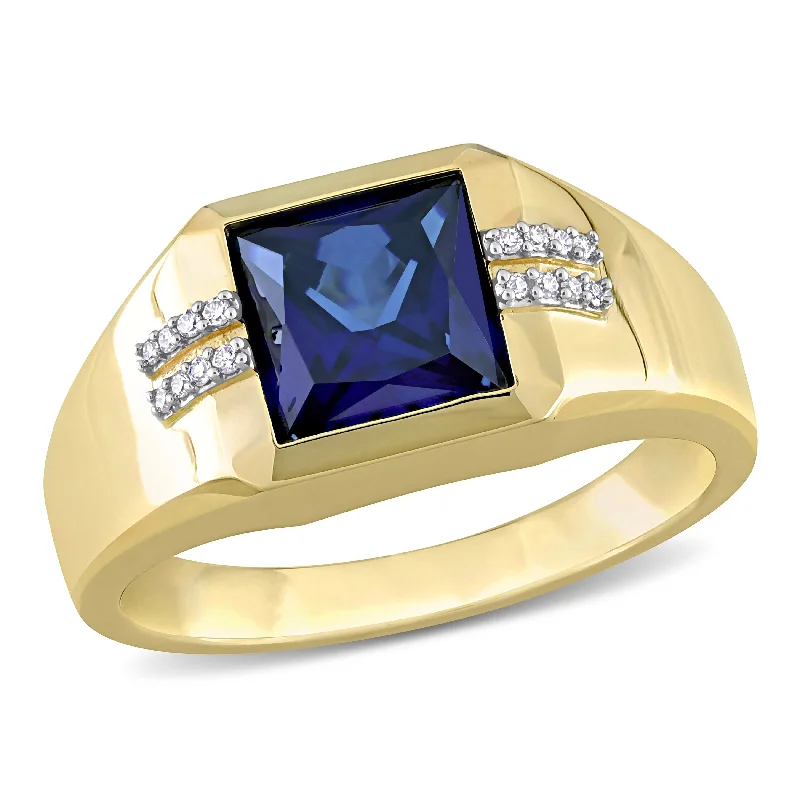 Miadora 3 CT TGW Square Created Blue Sapphire and Diamond Accent Mens Ring in 10k Yellow Gold