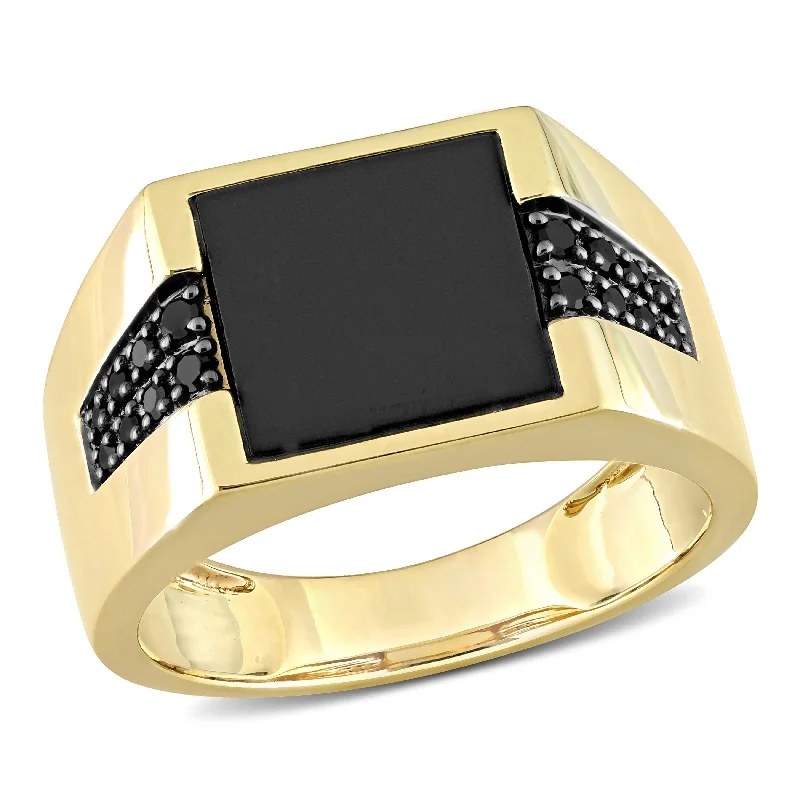 Miadora 8 CT TGW Black Onyx and 1/6 Ct TW Black Diamond Mens Ring in 10k Yellow Gold