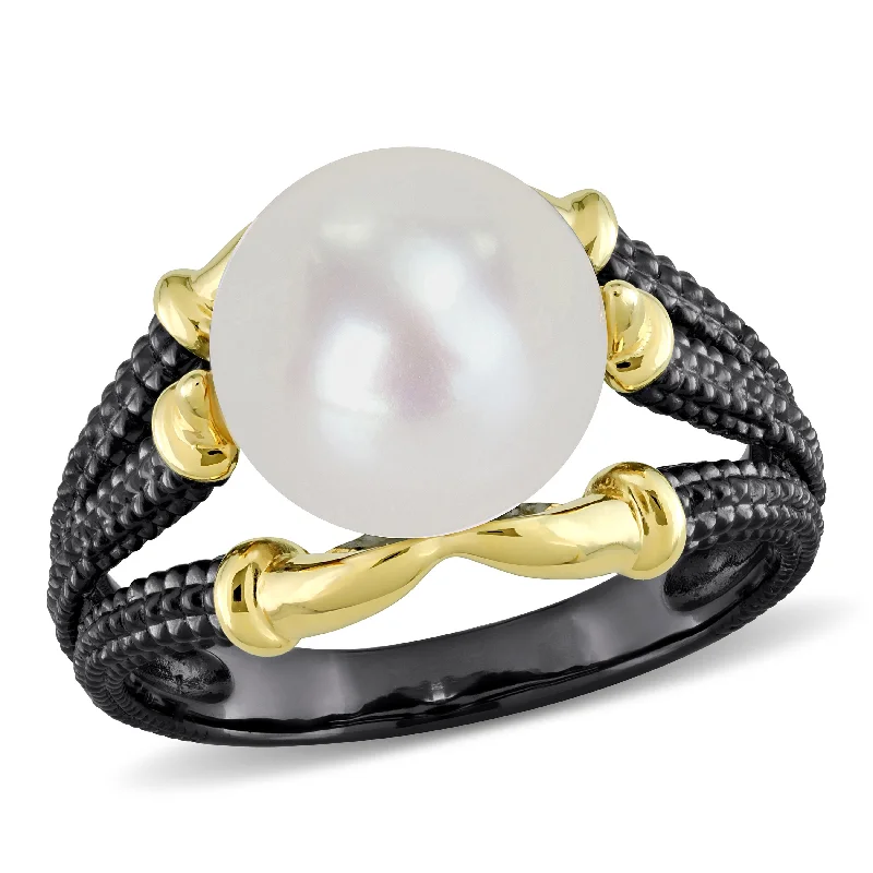 Miadora Mens 10.5-11 mm White Cultured Freshwater Pearl Ring in Yellow and Black Silver