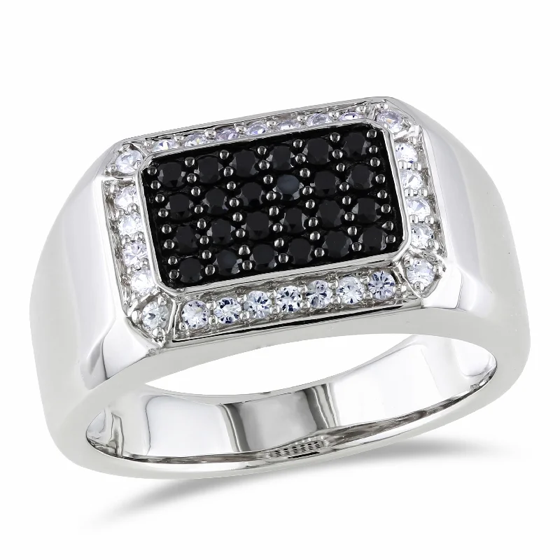 Miadora Mens Halo Black Spinel and White Sapphire Square Ring in Sterling Silver