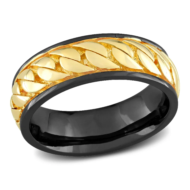 Miadora Ribbed Design Mens Ring in Sterling Silver Black and Yellow