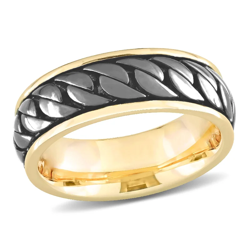 Miadora Ribbed Design Mens Ring in Yellow Silver with Black Rhodium Plating