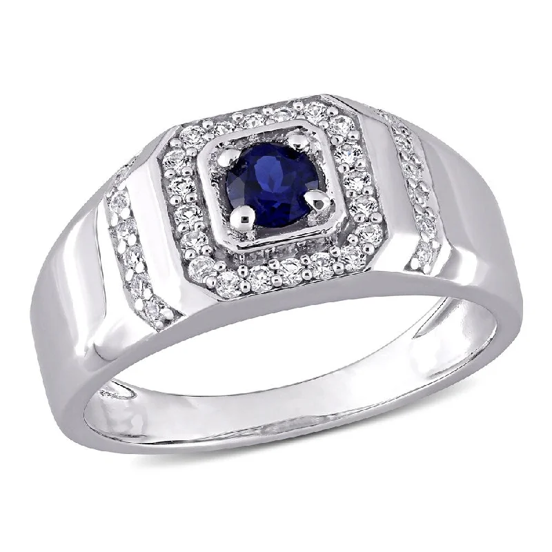 Miadora Sterling Silver Men's Created Blue and White Sapphire Halo Wedding Band Ring