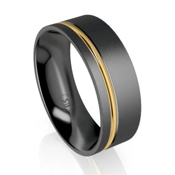 Offset Stripe Black Zirconium & Gold Wedding Ring