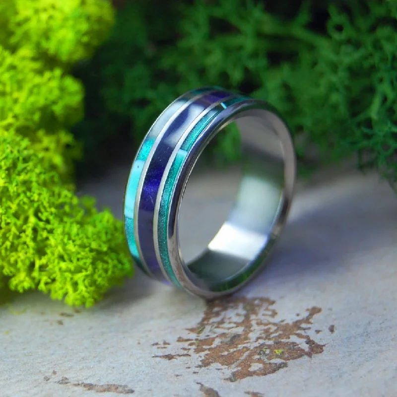 Purple Pleasures | Men's Purple Marbled Opalescent, Aquatic Green Resin & Titanium Wedding Ring