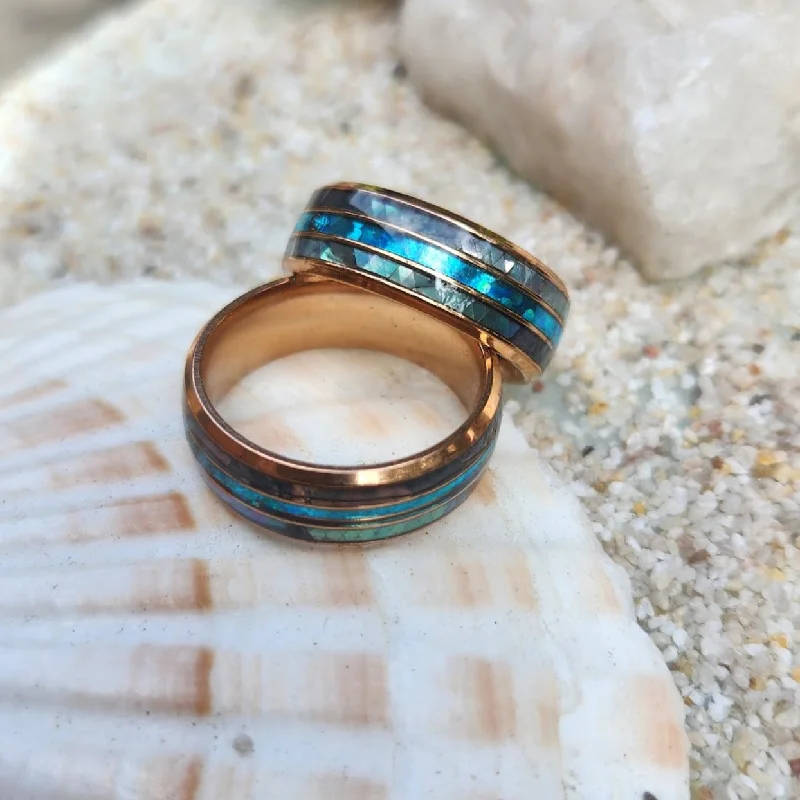 PAUA SHELL & OPAL INLAY WATERPROOF 18K GOLD MEN'S RING