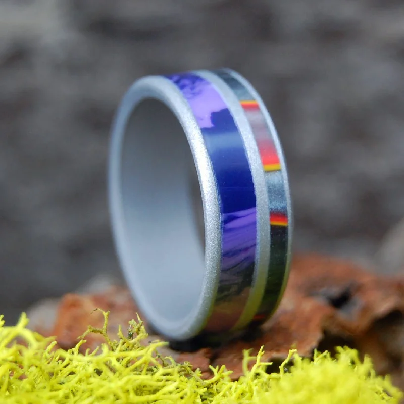 Spacetime Solar Flare | Men's Charoite Stone, Solar Flare Resin & Titanium Wedding Ring