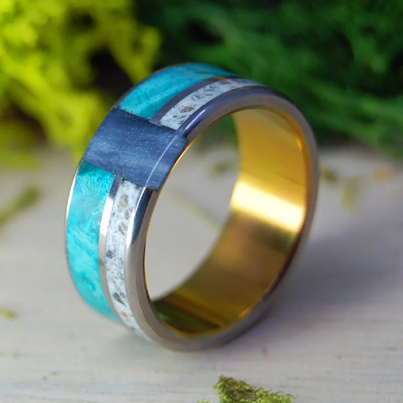 Sunset Over Germany Vertical | Men's Turquoise Box Elder Wood, German Earth & Titanium Wedding Ring