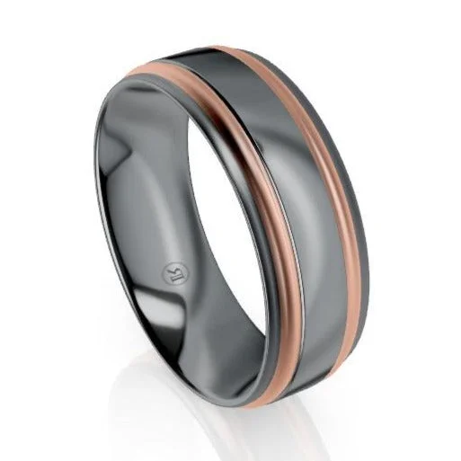 Dual Rounded Stepped Edge Tantalum and Gold Grooved Wedding Ring