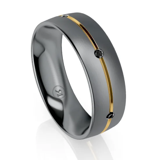 Tantalum & Yellow Gold Striped Wedding Ring with Black Diamonds