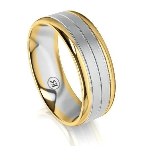 The Theodore Yellow and White Gold Dual Grooved Mens Wedding Ring