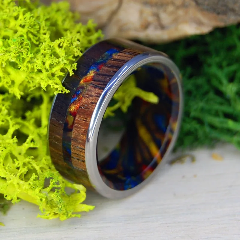 Vegas Love | Men's Lava Burst Resin, Koa Wood & Titanium Wedding Ring