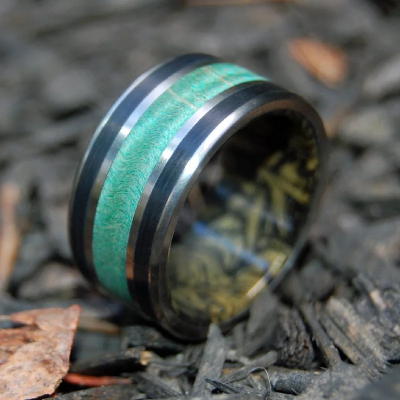 Water Buffalo Gold | Men's Mokume Gane, Green Maple, Horn & Titanium Wedding Ring