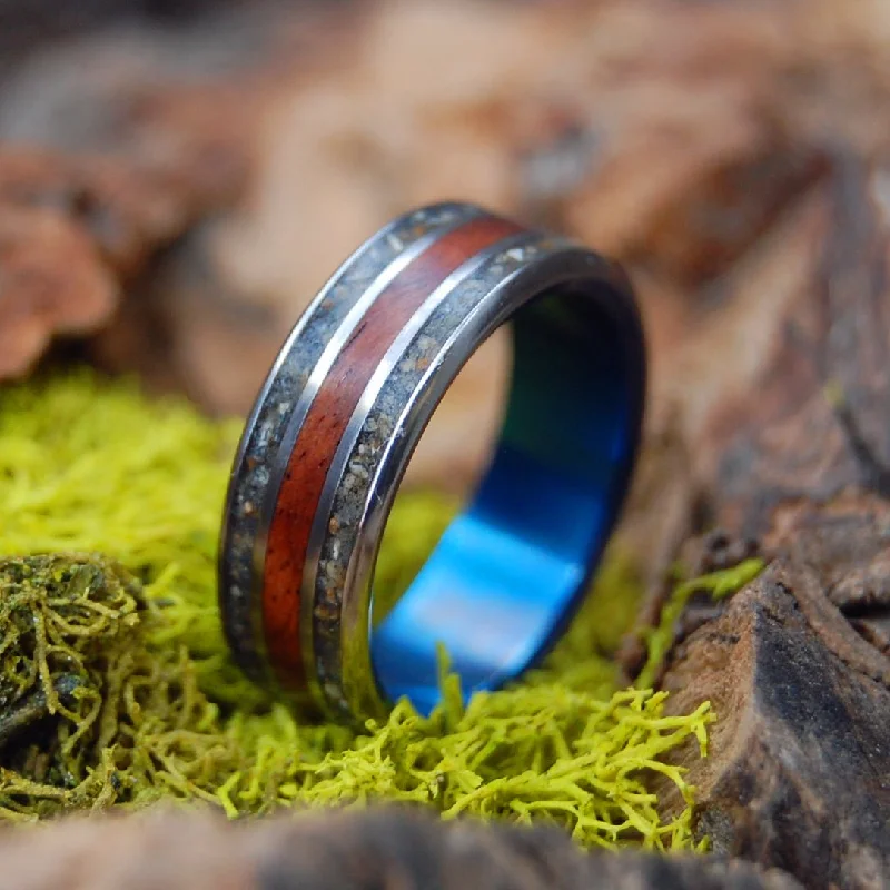 Wood And Beach Blue | Men's Amboyna Burl, Beach Sand & Titanium Wedding Ring