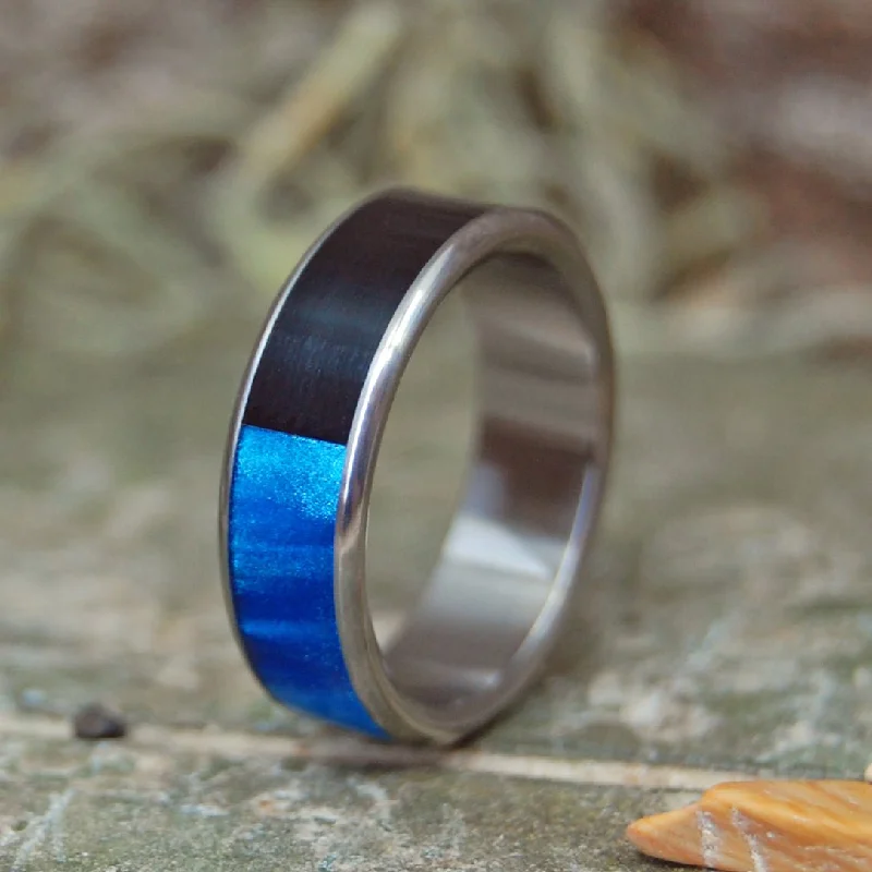 Ying Meets Yang | Men's Black Onyx Stone, Blue Marbled Opalescent Resin & Titanium Wedding Ring