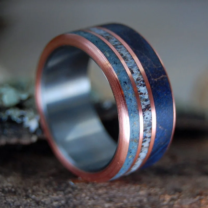 Zadkiel | Men's Blue Maple Wood, France Beach Sand, Moose Antler & Titanium Wedding Ring