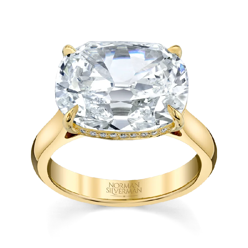 East West Diamond Ring with Cushion Cut Center and Hidden Halo