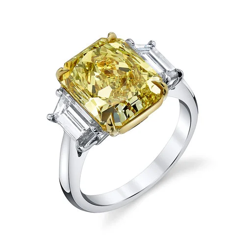 5.39 Carat Yellow Radiant Cut Center Stone 3 Stone Ring