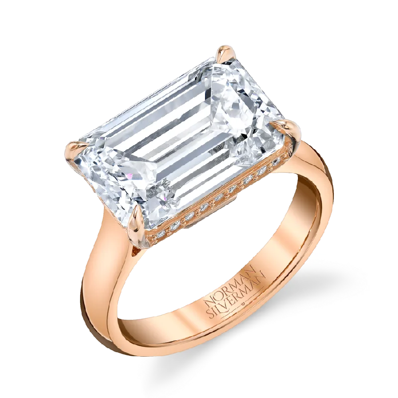 East West Diamond Ring with Emerald Cut Center and Hidden Halo