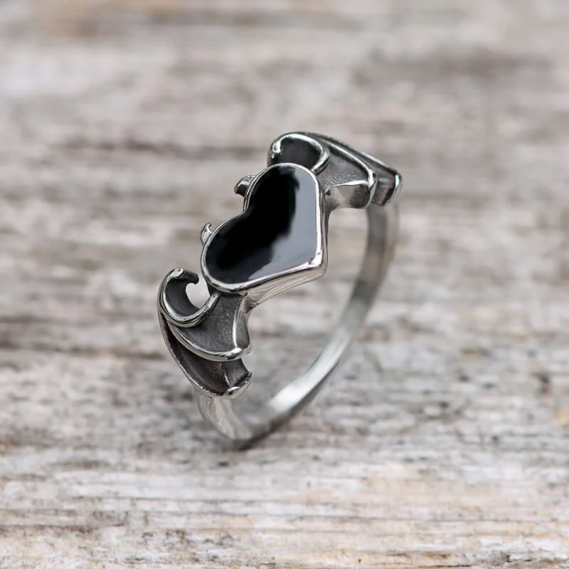 Bat And Heart Stainless Steel Gothic Ring