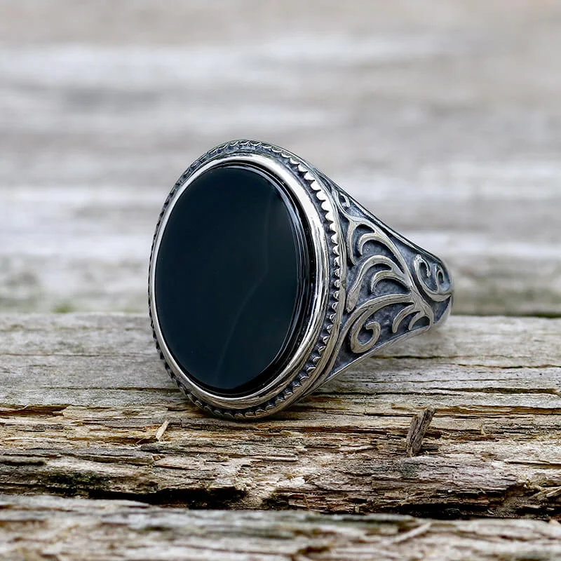 Black Oval Agate Carved Stainless Steel Ring