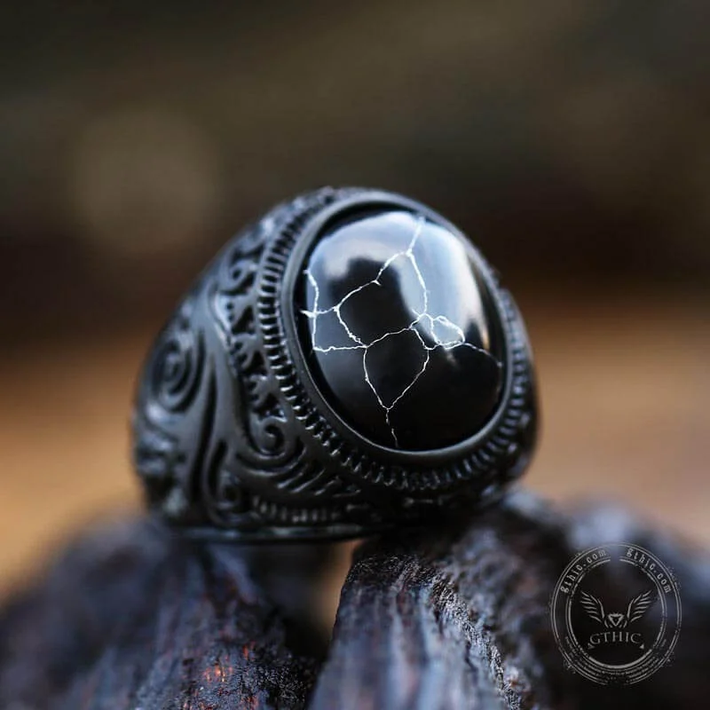 Black Turquoise Patterned Stainless Steel Ring