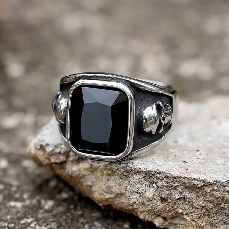 Black Square Gem Stainless Steel Skull Ring