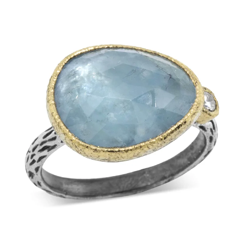 Cactus Texture Ring with Free-Form Aquamarine and Diamond