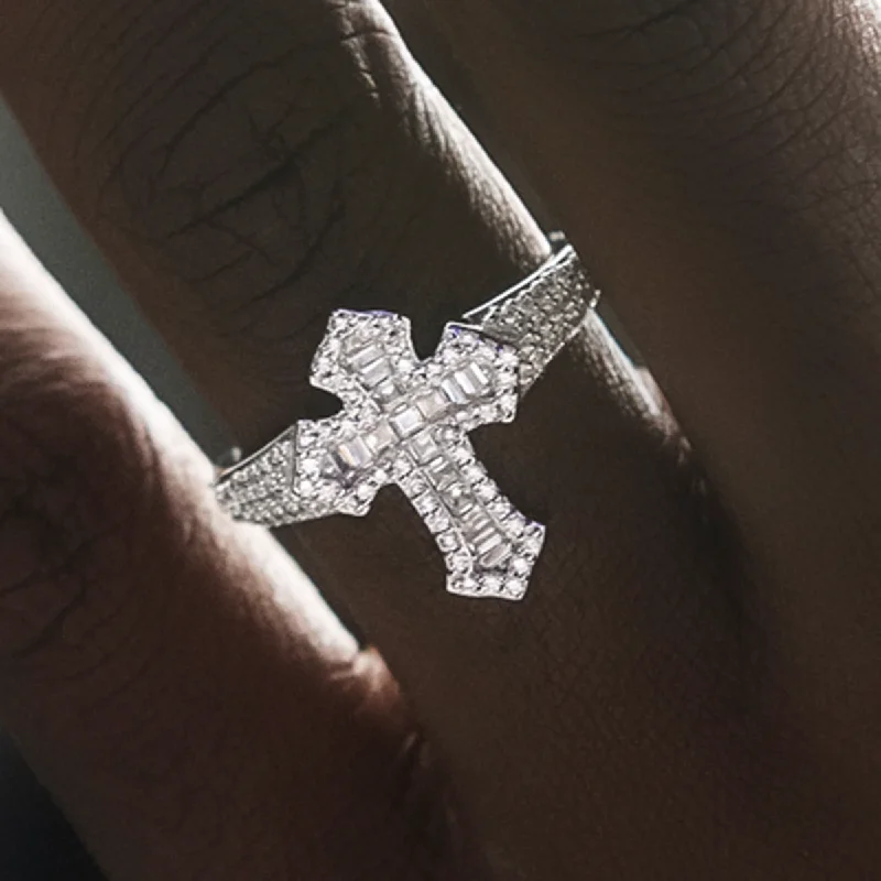 Diamond Baguette Gothic Cross Ring in White Gold Vermeil